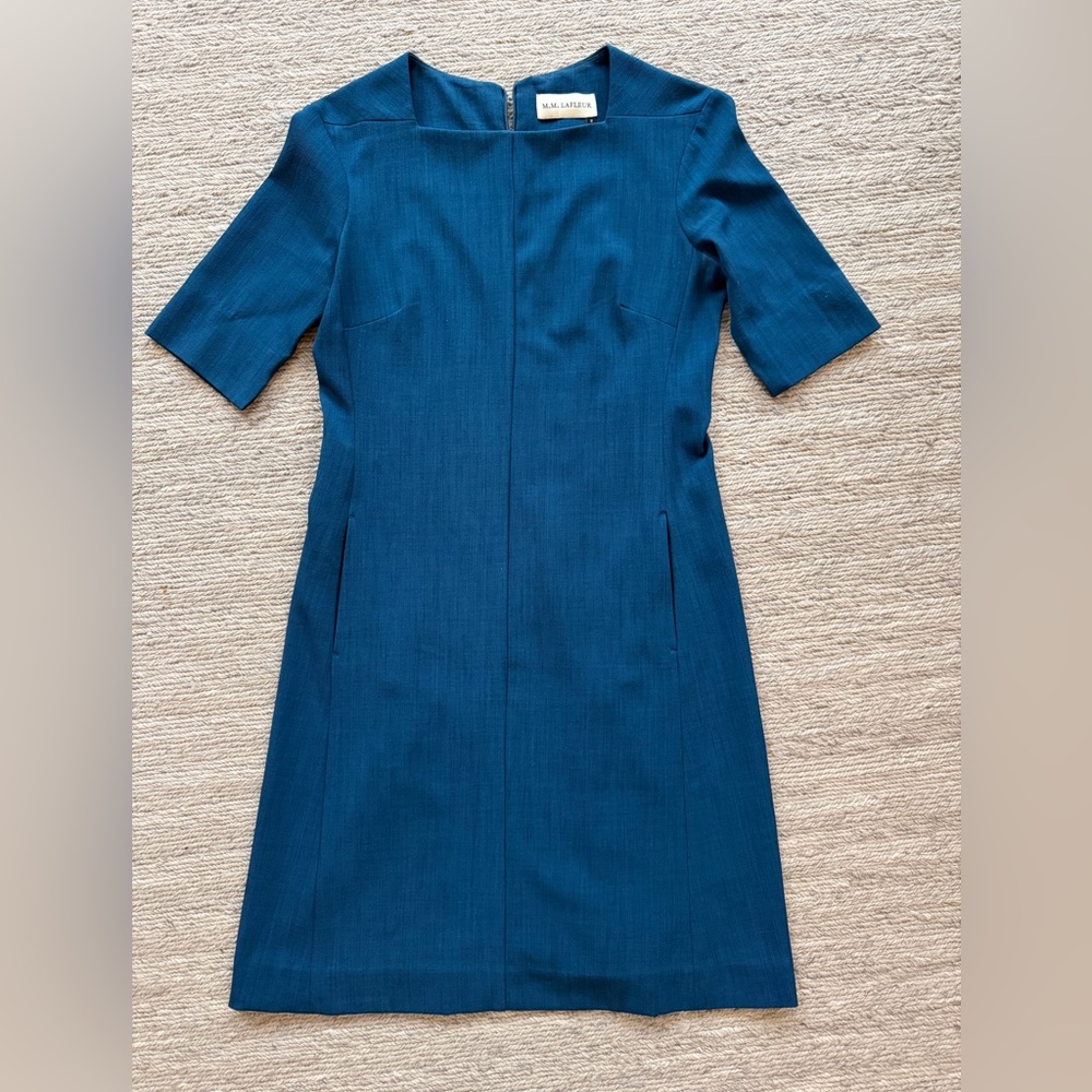 MM LaFleur Emily Dress Size 2 Teal Sheath Work Midi Dress with Pockets